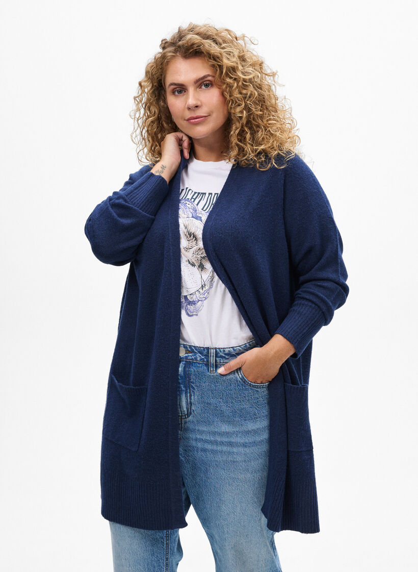 Cardigan en tricot c&ocirc;tel&eacute; avec poches, Bleu, Model image number 0
