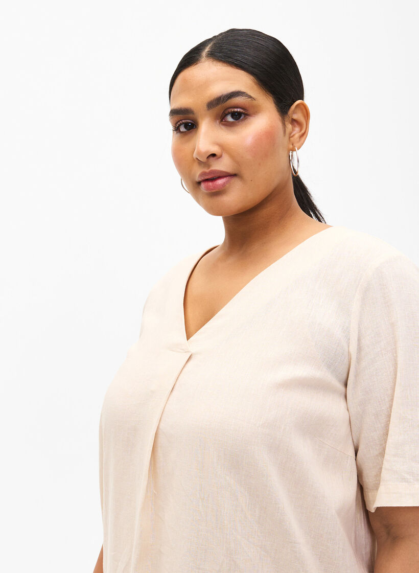 Robe caftan en mélange de coton avec du lin, Beige, Model image number 3