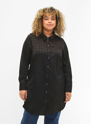 Lang shirt met pied-de-poule patroon, Black, Model image number 0
