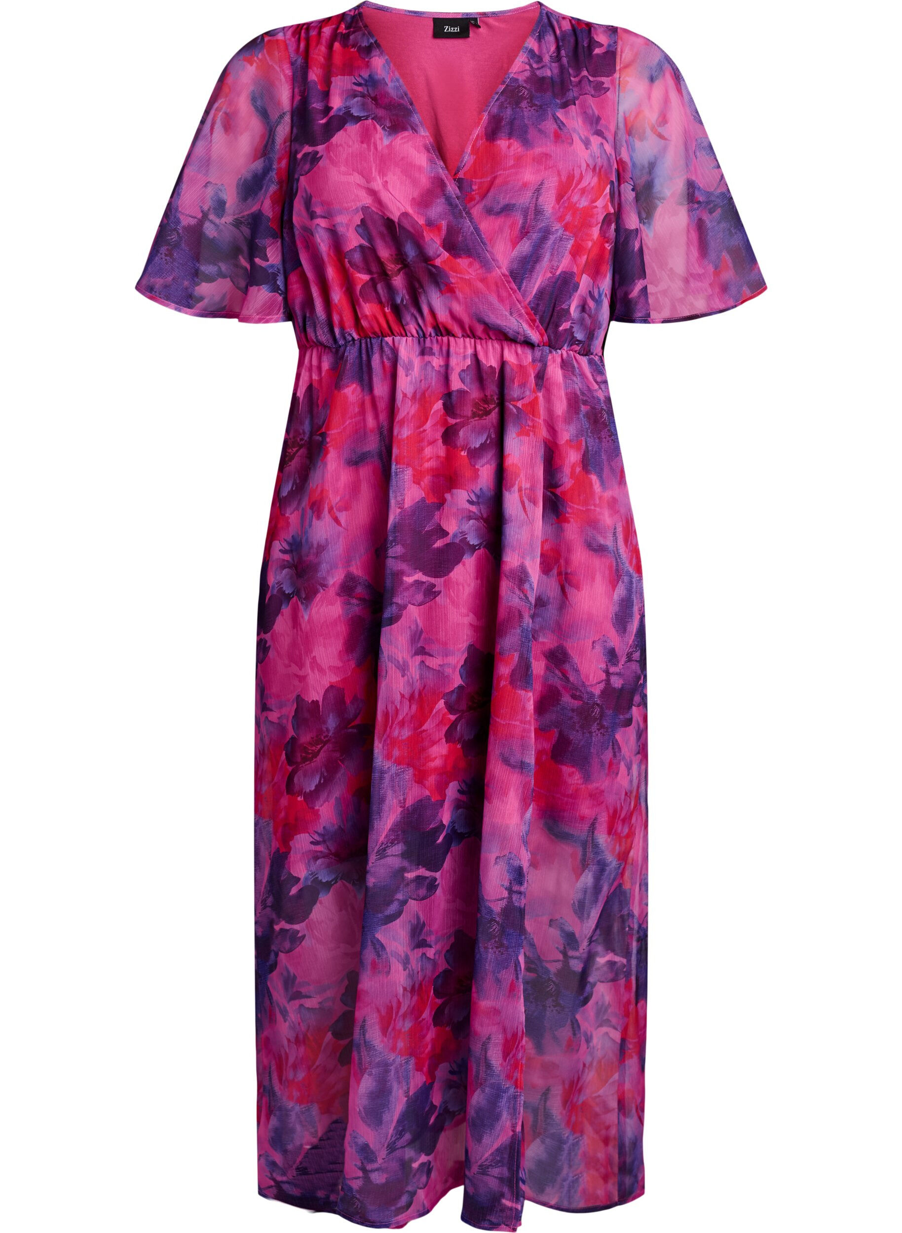 ZizziLange chiffon jurk met bloemenprint en korte mouwen, Rood, Packshot image number 0