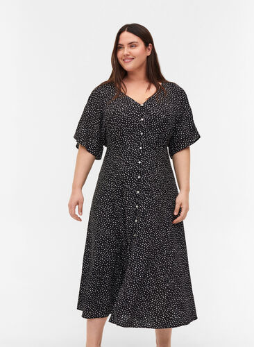 Viscose midi-jurk met stippen en knopen, Black w. Dot, Model image number 0