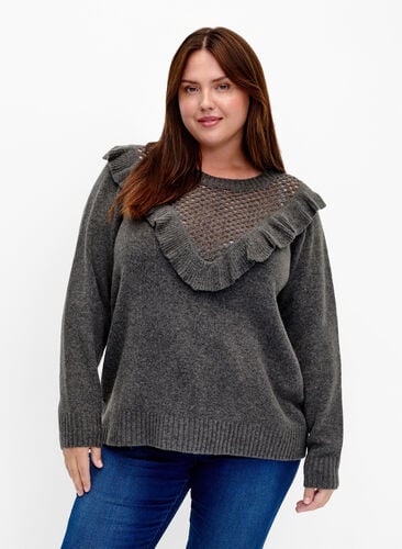 Pull en laine tricoté avec jabots, Dark Grey Melange, Model image number 0
