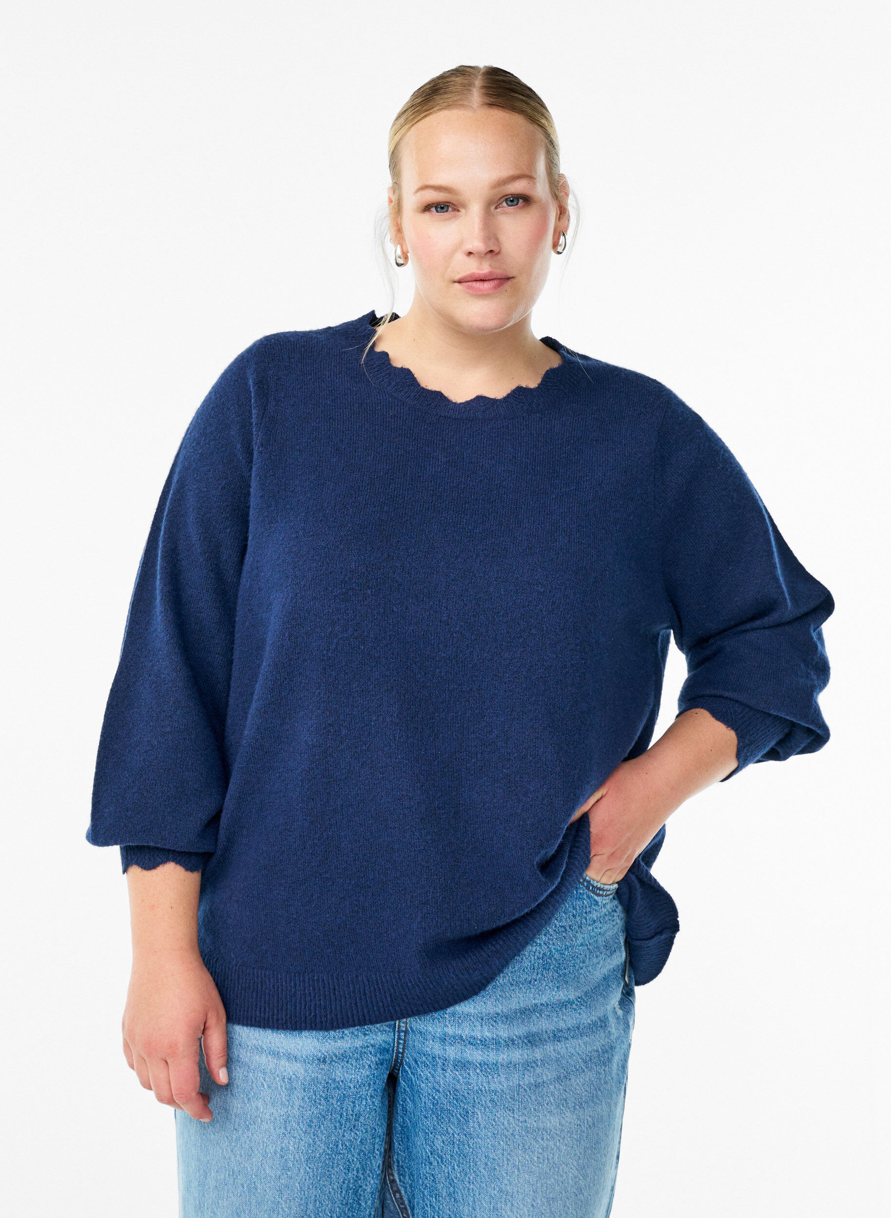 ZizziBlouse en maille &agrave; bords ondul&eacute;s, Bleu, Model image number 0
