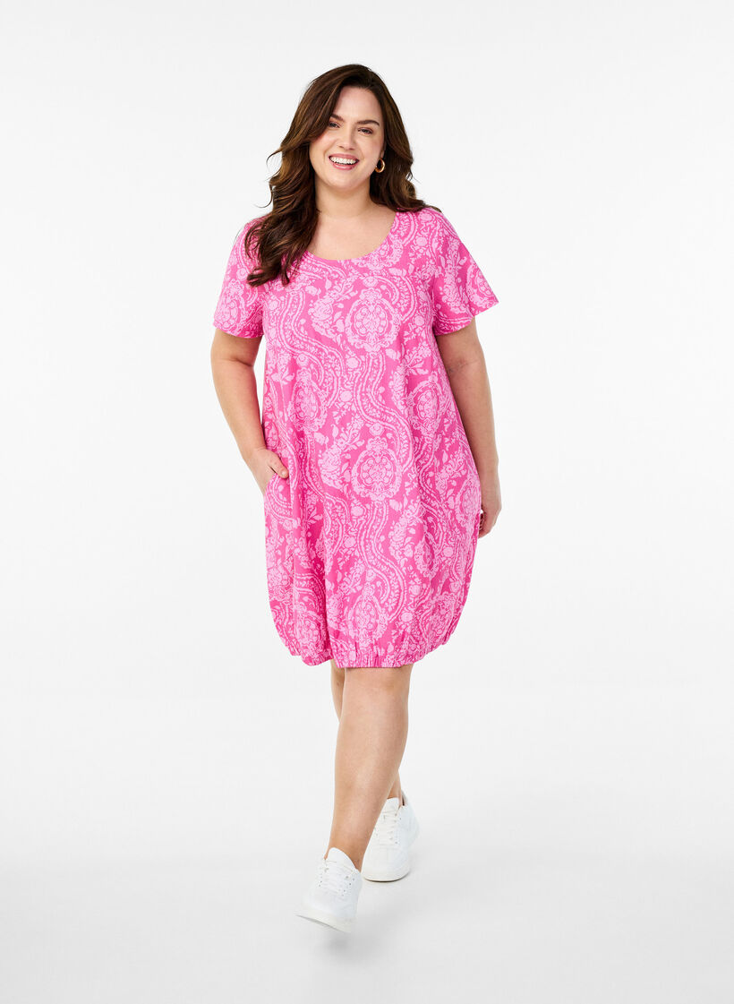 Katoenen jurk met korte mouwen en print, Roze, Model image number 1