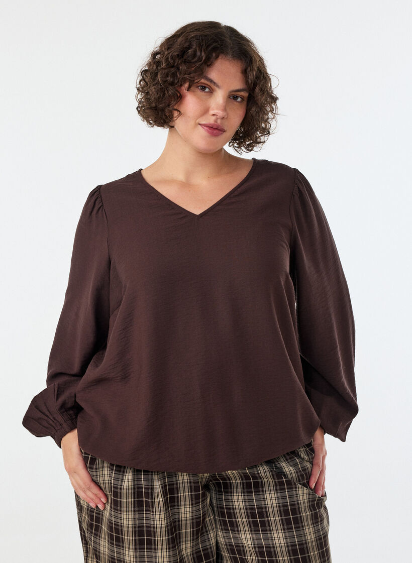 Viscose blouse met V-hals en ballonvormig silhouet, Bruin, Model image number 0