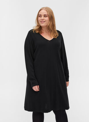 Robe en maille de couleur unie à manches longues, Black, Model image number 0