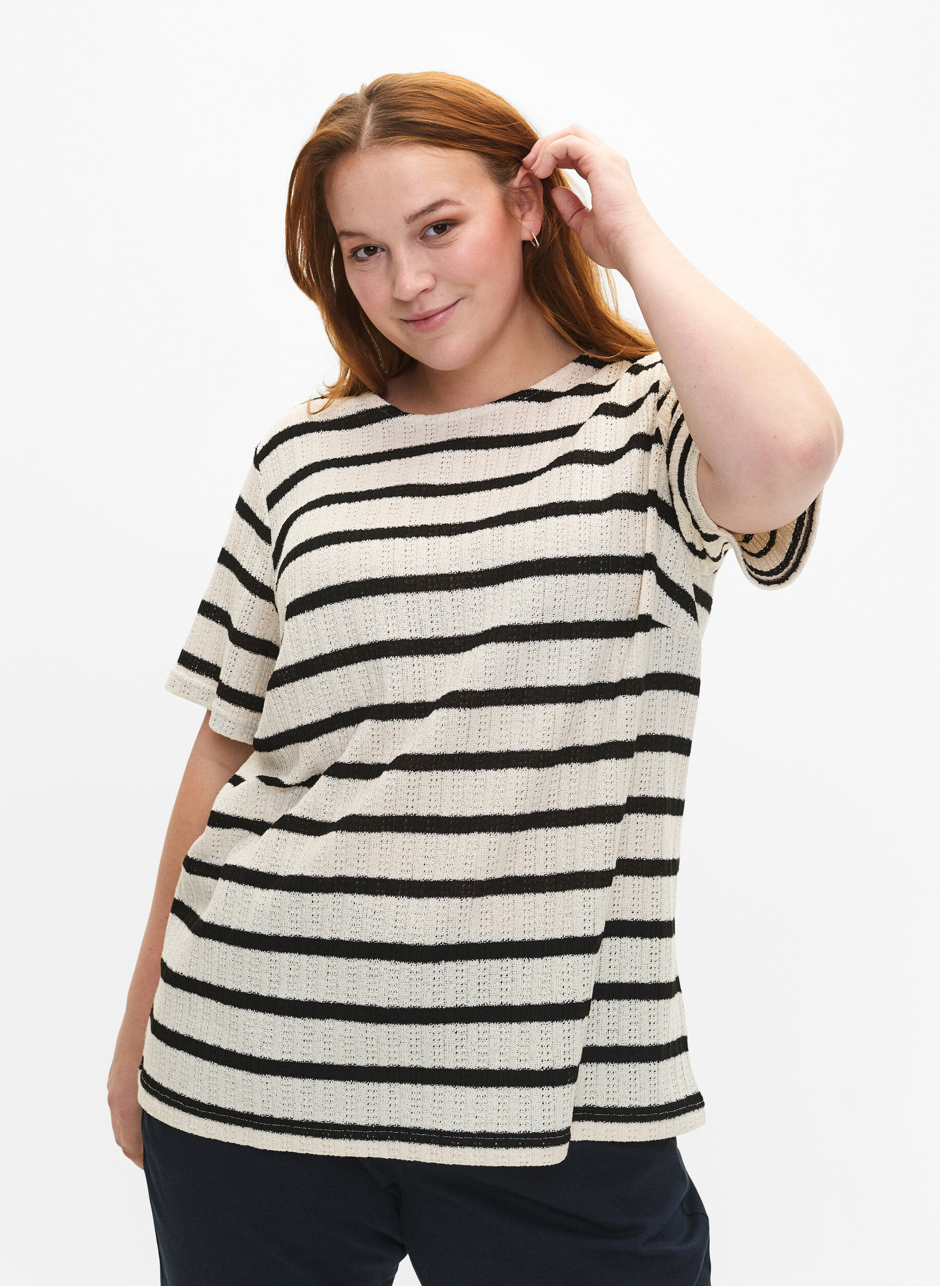 ZizziBlouse met korte mouwen en contrastkleurige strepen, Sand Black Stripe, Model image number 0