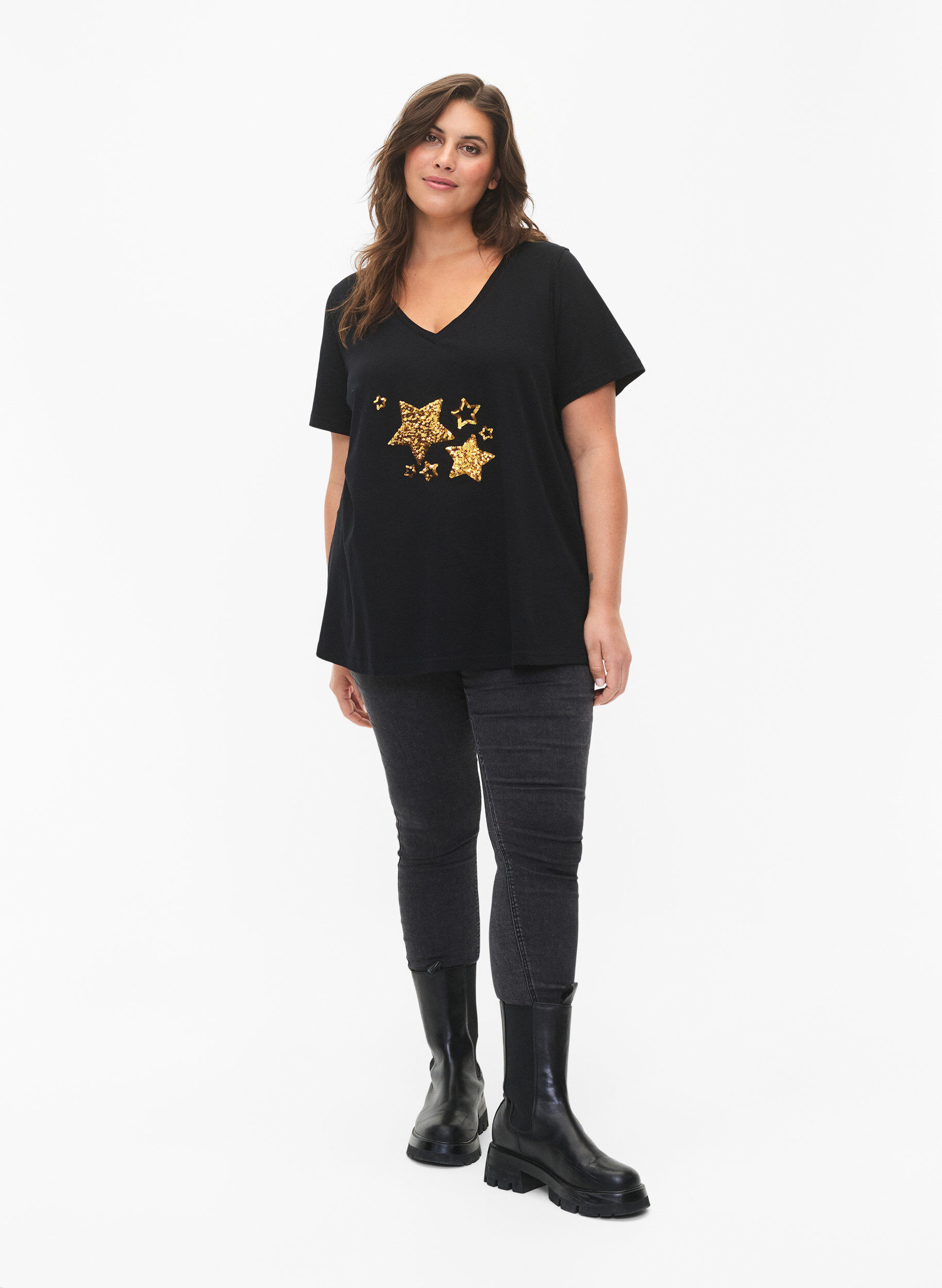 ZizziKatoenen T-shirt met pailletten, Black W. Star, Model image number 2