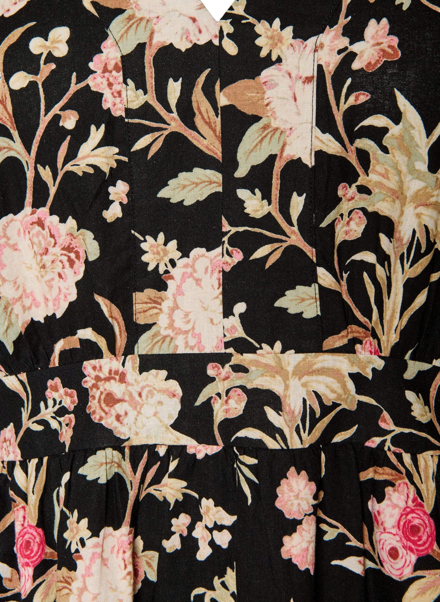 ZizziBloemenjurk in linnen en viscose met een empirelijn, Zwart, Packshot image number 2