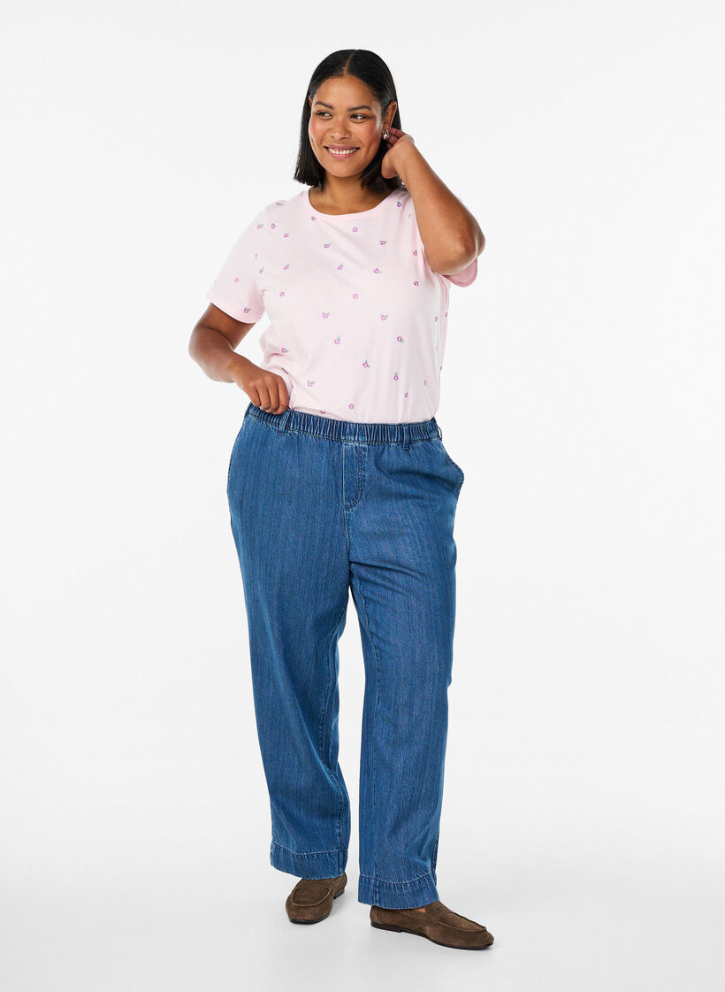 Jean large avec taille élastiquée, Bleu, Model image number 0