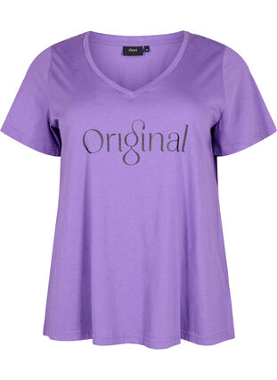 T-shirt en coton avec impression de texte et col en V, Deep Lavender ORI, Packshot image number 0