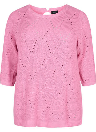 Chemisier en tricot avec manches 3/4 et motif de dentelle, Begonia Pink, Packshot image number 0