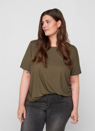 T-shirt met korte mouwen in ribstof, Olive Night, Model image number 0