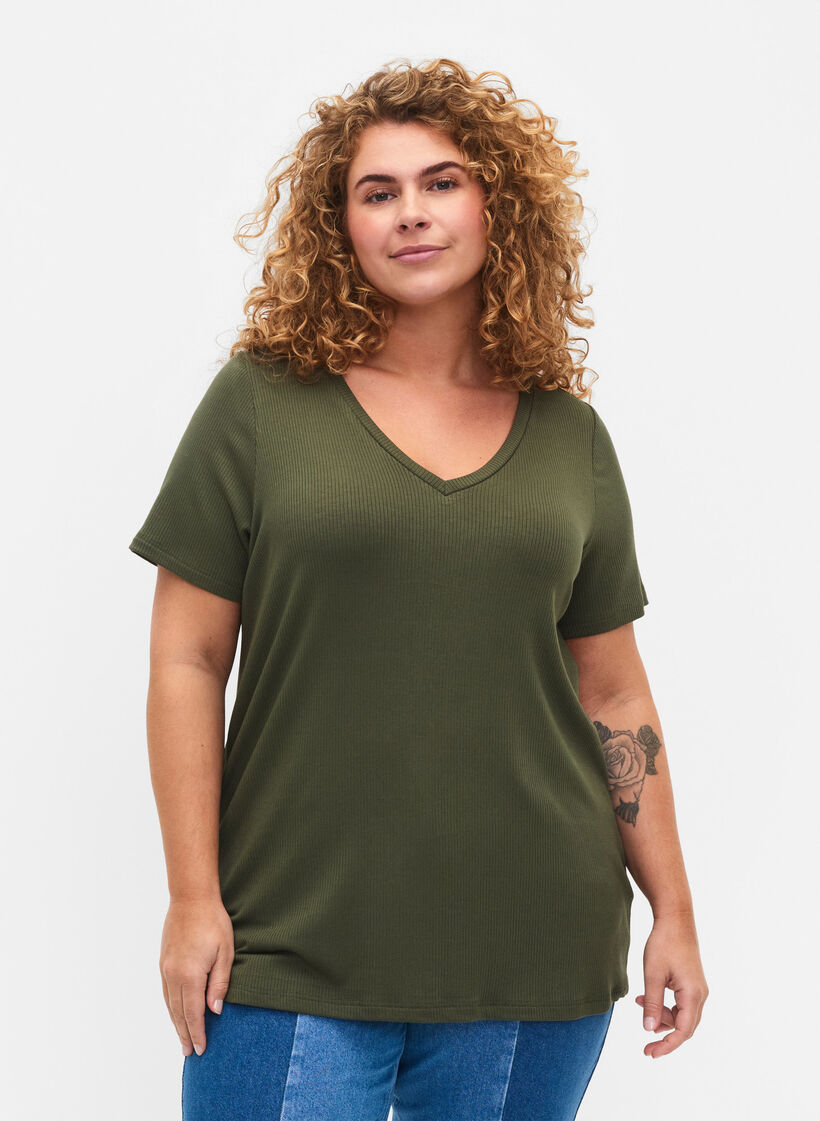 Geribd viscose t-shirt met v-hals, Thyme, Model image number 0