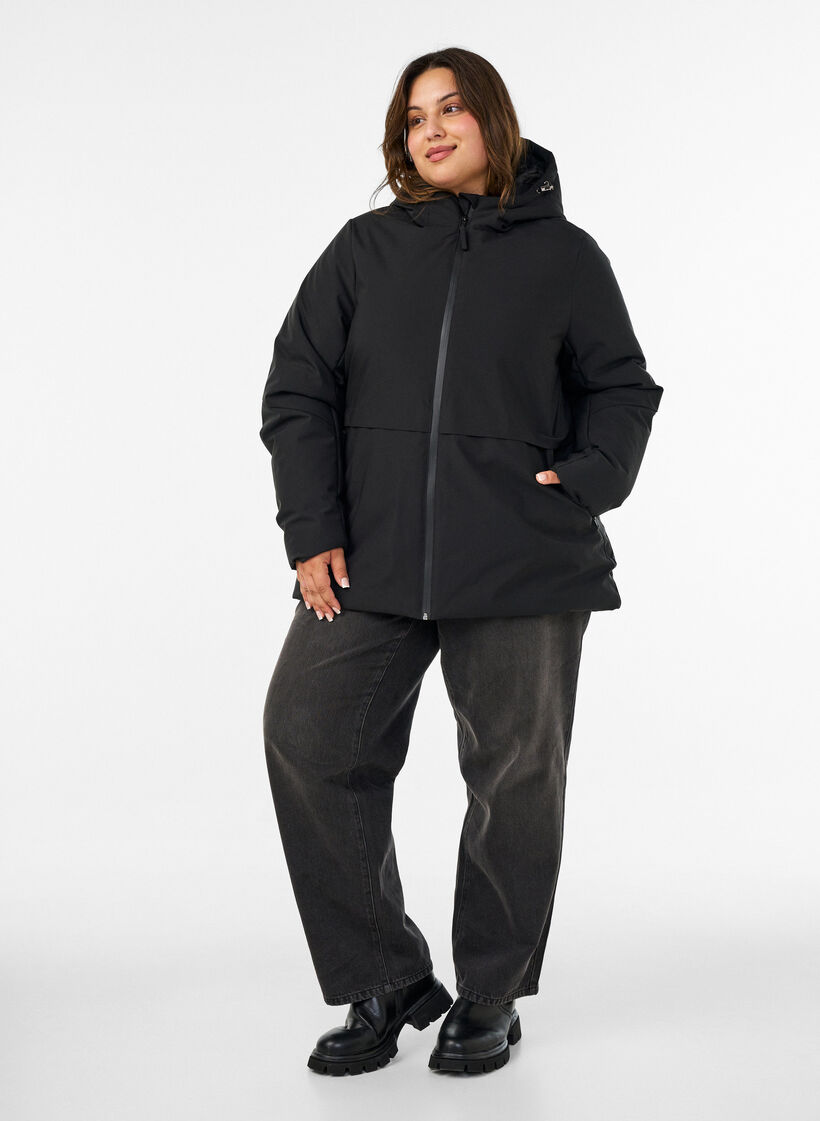 Veste d'hiver avec capuche et taille ajustable, Noir, Model image number 1