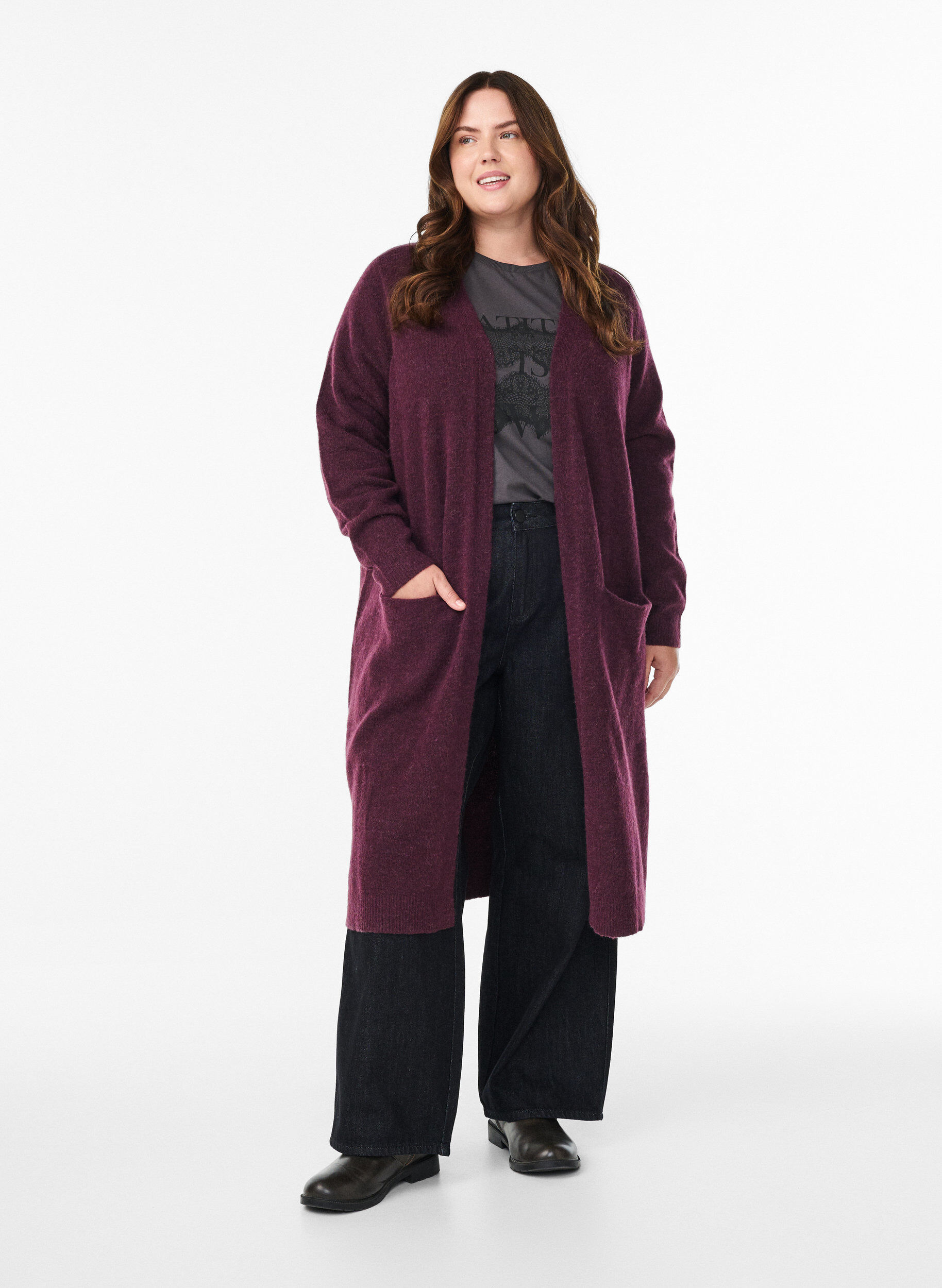 Zizzi Cardigan long en laine et alpaga, Bordeaux, Model image number 0