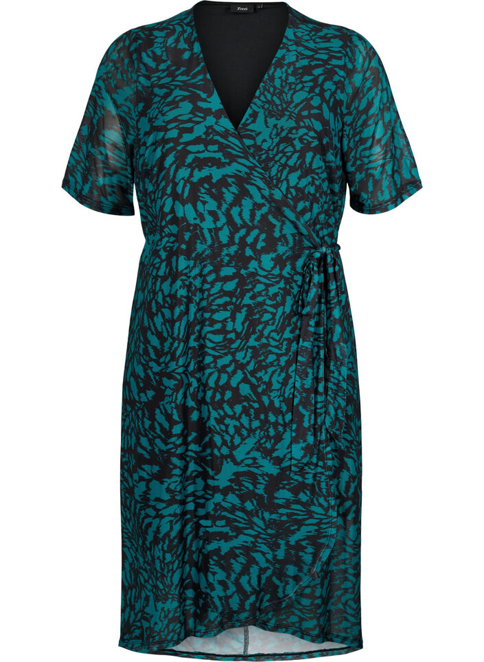 Robe midi enveloppante imprimée, Black Green AOP, Packshot image number 0