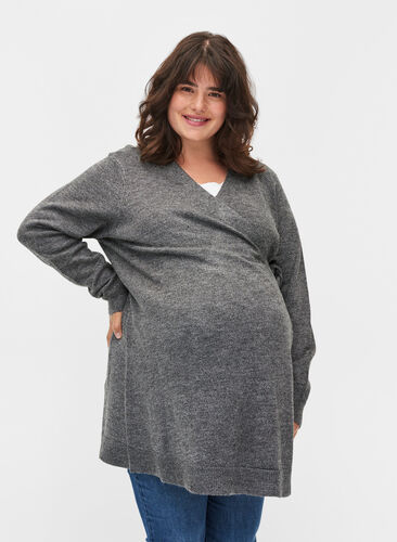 Blouse de grossesse chinée avec cache-cœur, Medium Grey Melange, Model image number 0