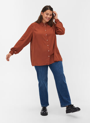 Plissé blouse met parelknopen, Sequoia, Model image number 4