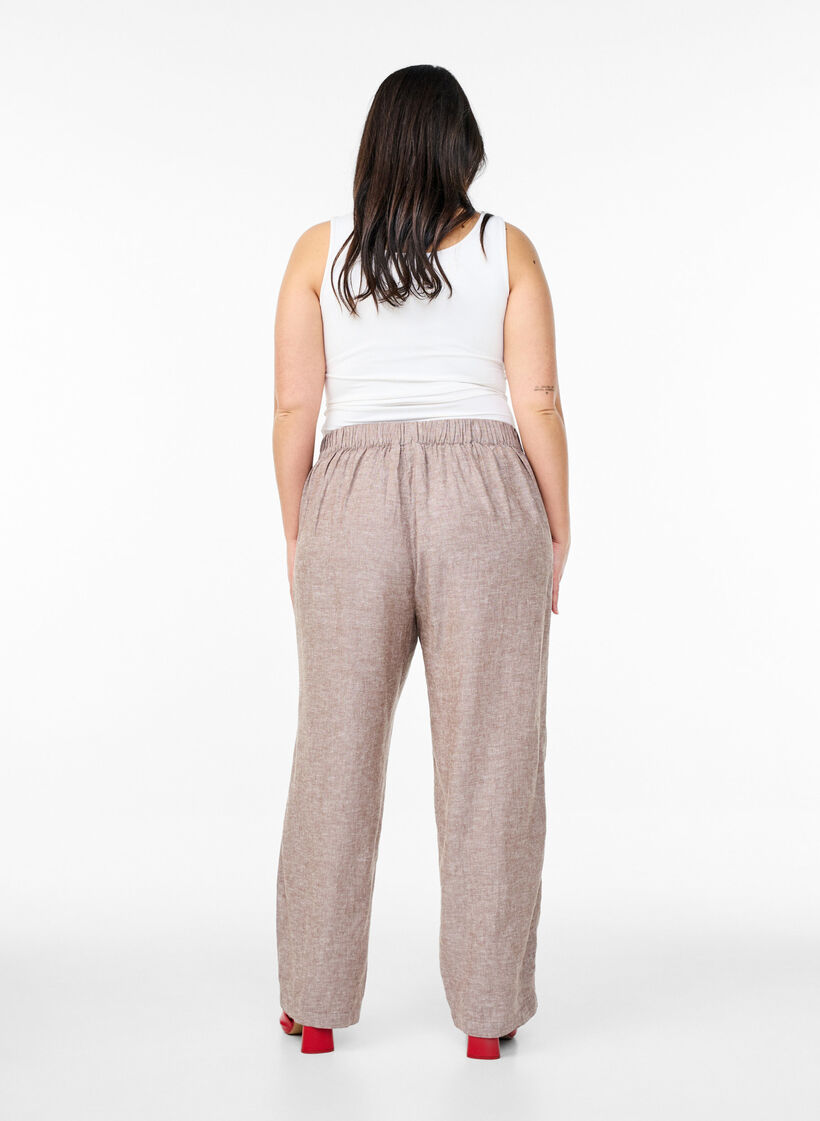 Linnen en viscose broek met losse pasvorm, Bruin, Model image number 1