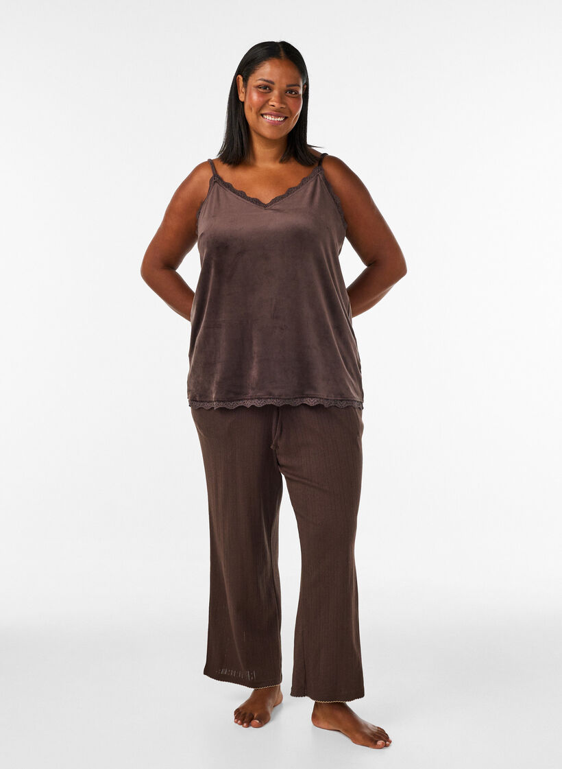 Velour top met kanten rand, Bruin, Model image number 1