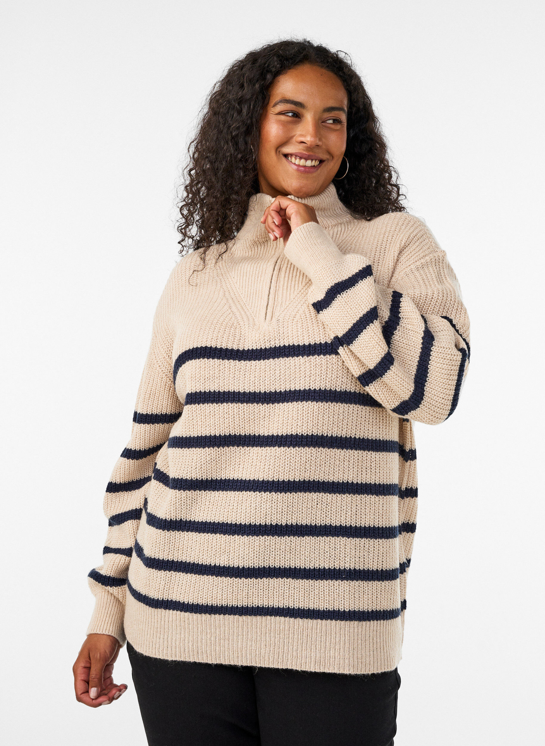 ZizziGebreide trui met hoge hals en rits, Vanille, Model image number 0