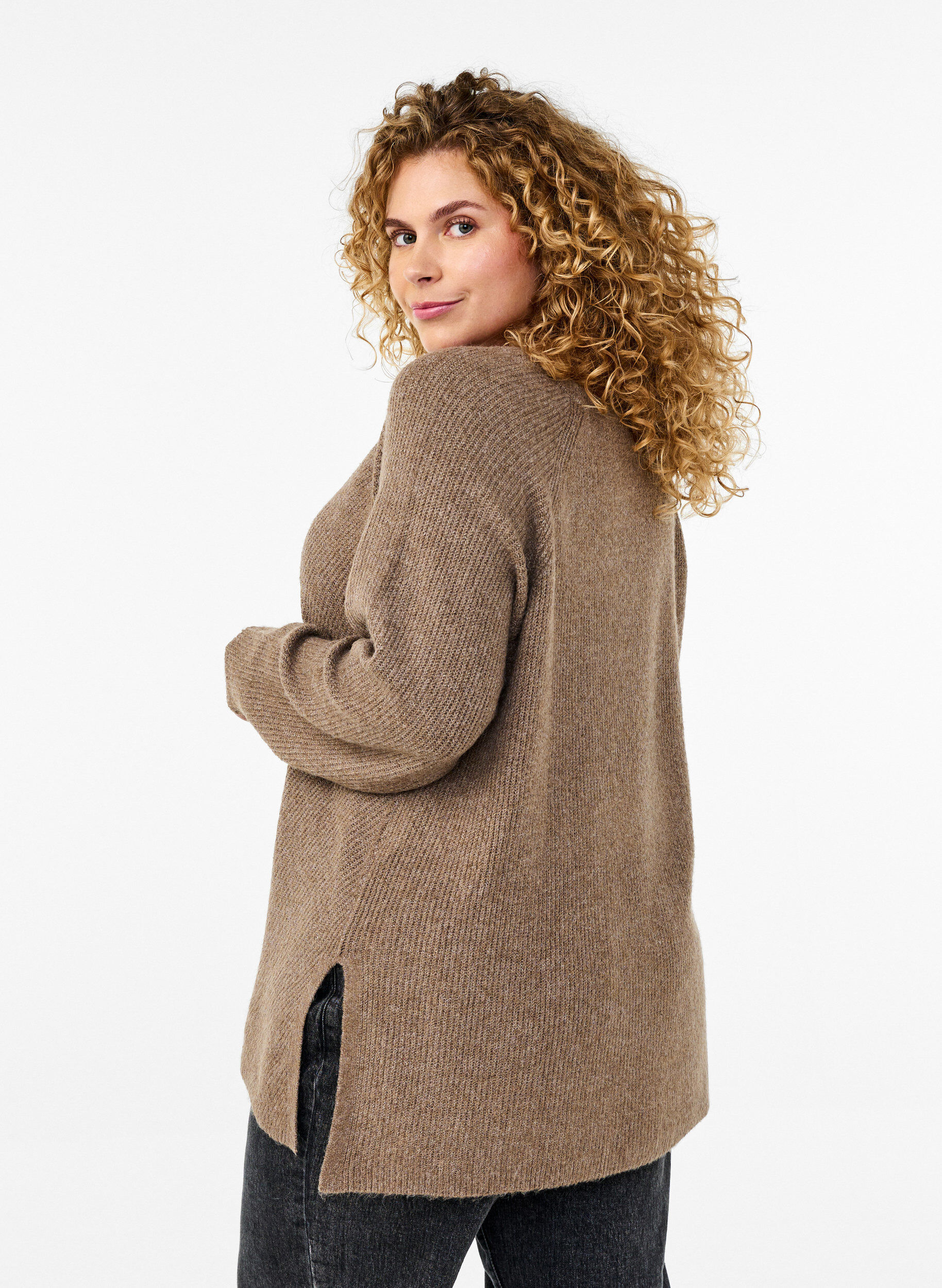 ZizziGebreide blouse met ronde hals, Fossil Mel., Model image number 1