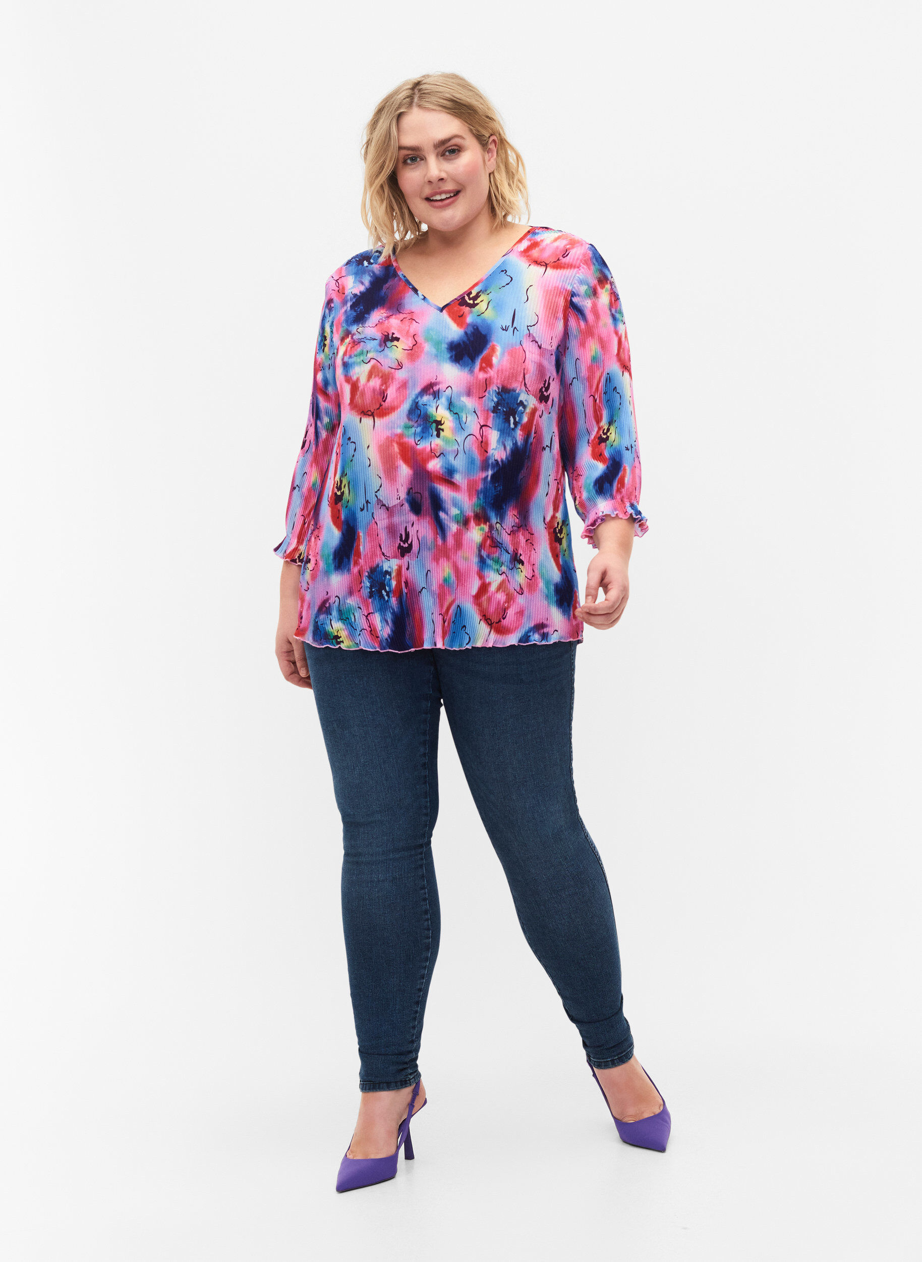 ZizziGeplooide blouse met 3/4 mouwen, Lavender Space AOP, Model image number 2