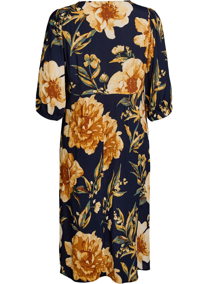 Robe mi-longue avec imprim&eacute; floral et manches 3/4, Bleu, Packshot image number 1