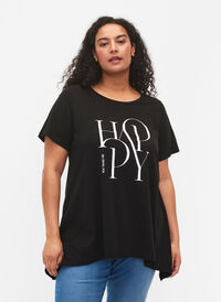 T-shirt van katoen met tekstopdruk, Black HAPPY, Model