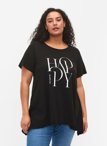 T-shirt en coton avec imprimé de texte, Black HAPPY, Model image number 0