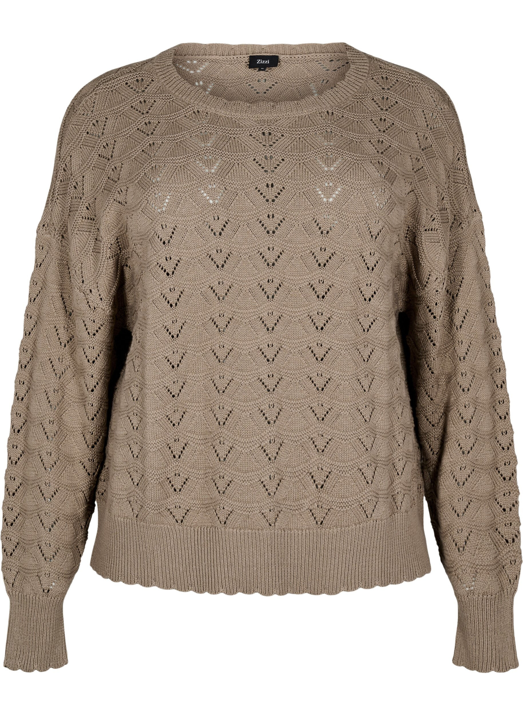 ZizziGebreide blouse met lange mouwen en een opengewerkt patroon, Desert Taupe, Packshot image number 0
