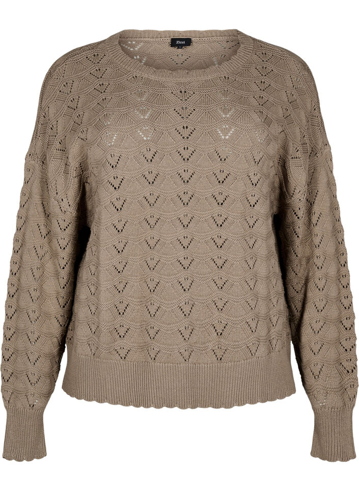 Chemisier à manches longues en tricot avec motif ajouré, Desert Taupe, Packshot image number 0