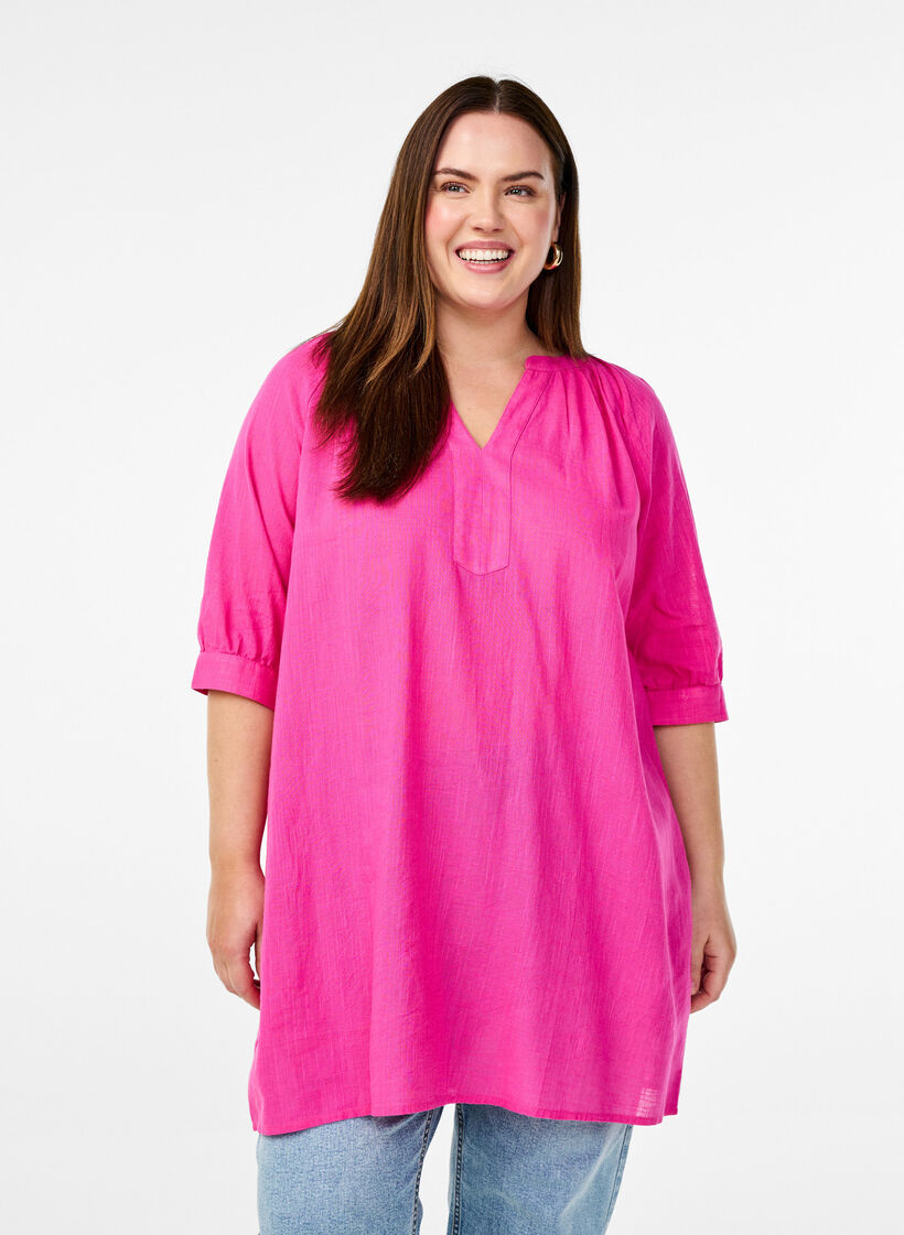 Katoenen tuniek met V-hals, Roze, Model image number 0
