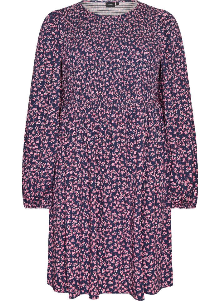 Jurk met een gesmokte top en fijn bloemetjespatroon, Blauw, Packshot image number 0