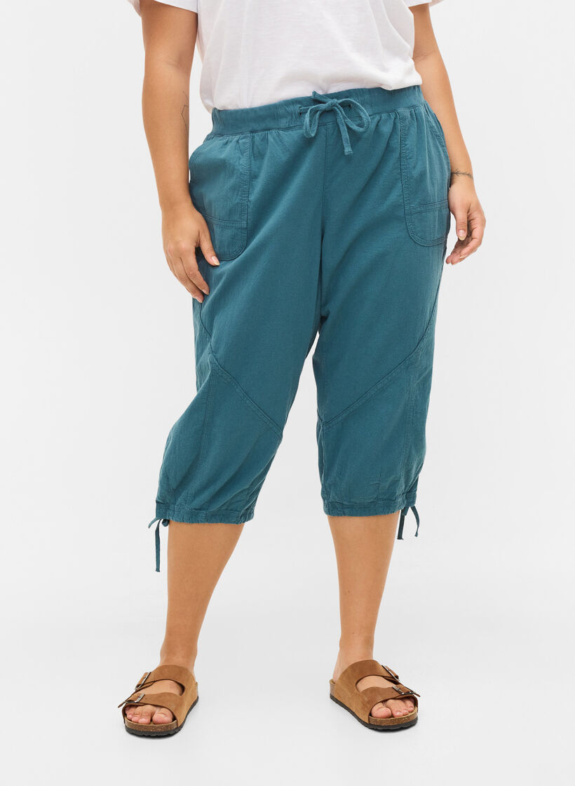 Losse cropped broek van katoen, Blauw, Model image number 2