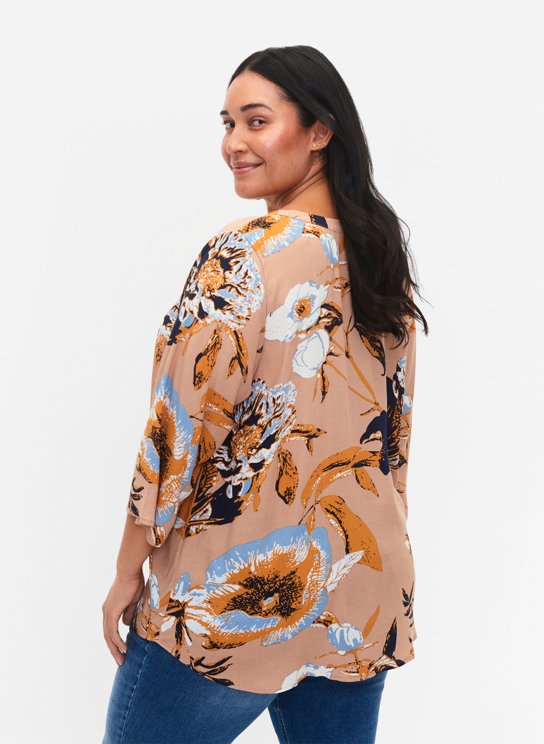 ZizziBlouse van Viscose met 3/4 mouw, Blue Flower AOP, Model image number 1
