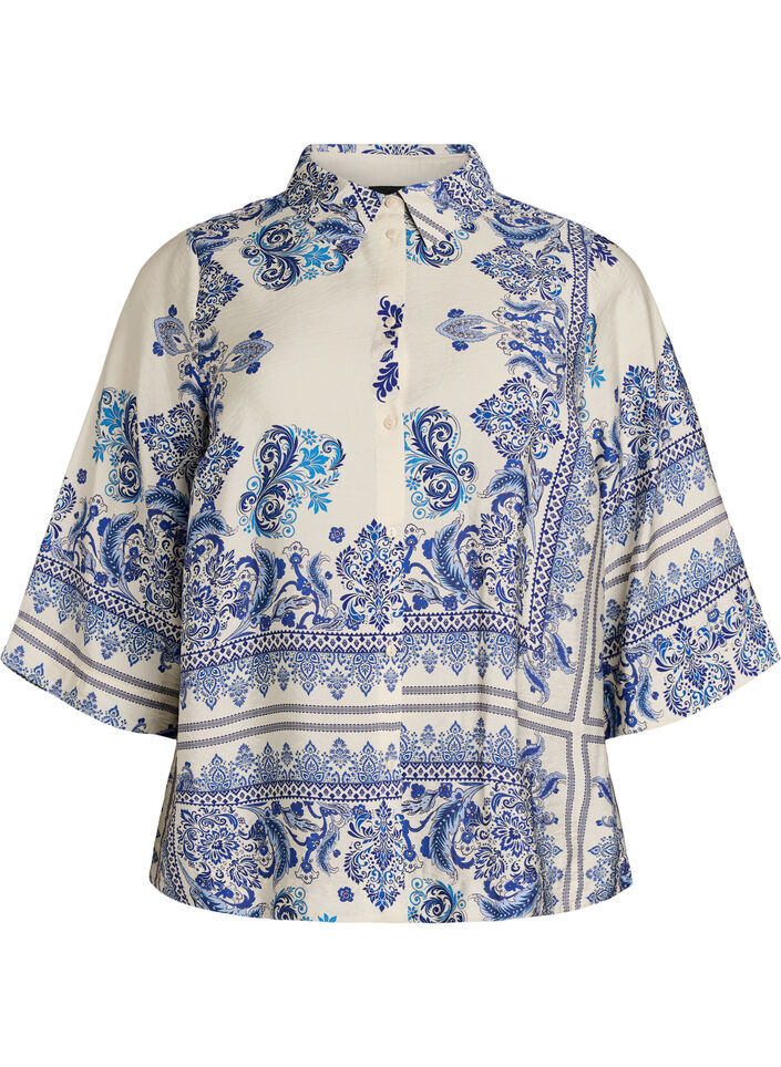Viscose blouse met 3/4-mouwen en patroon, Blauw, Packshot image number 0