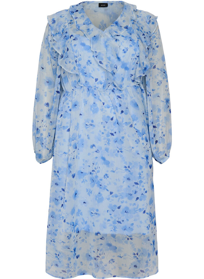 Chiffonjurk met bloemenprint, ruches en lange mouwen, Blauw, Packshot image number 0