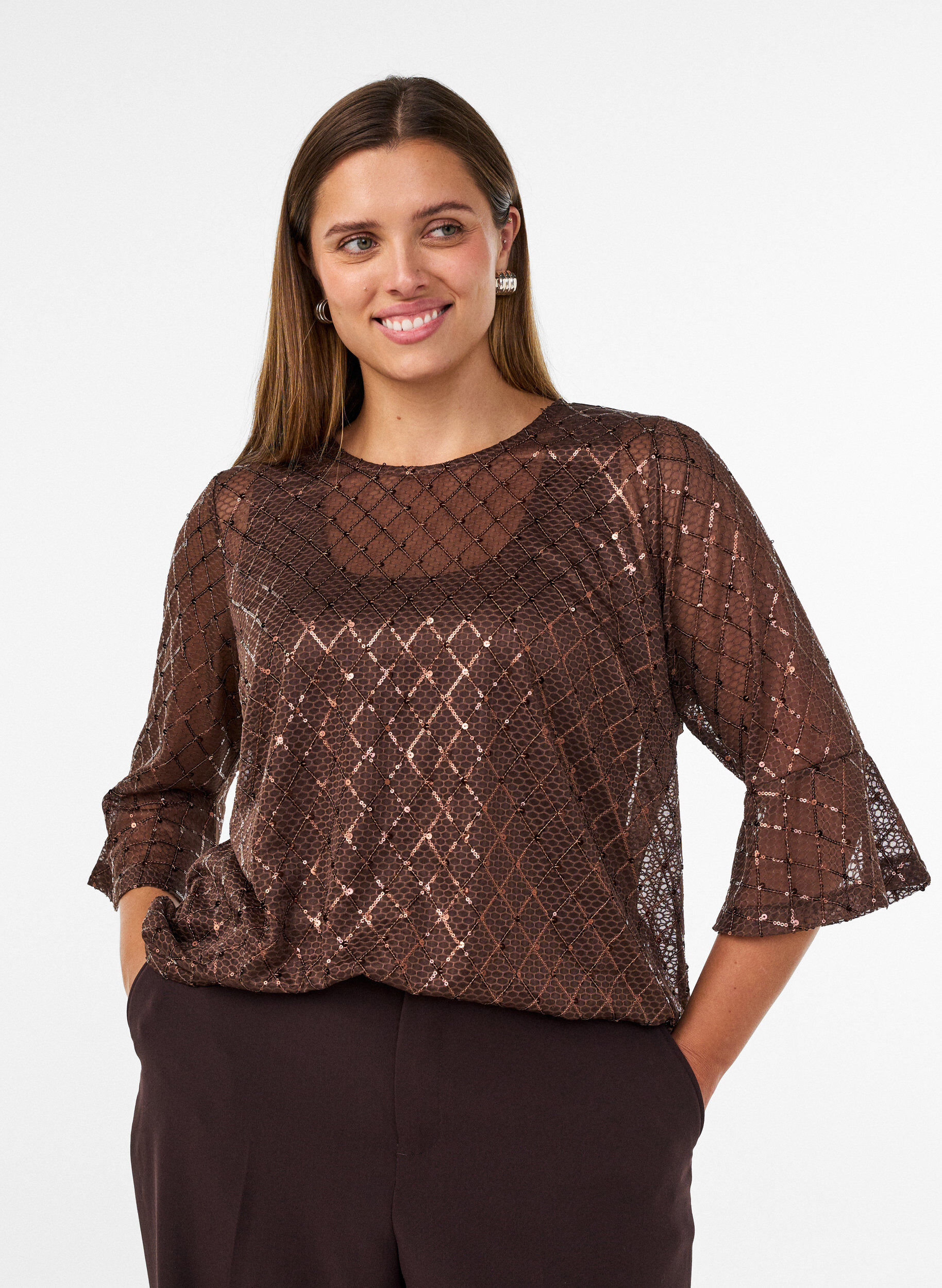 ZizziDoorschijnende blouse met pailletten en een ruitpatroon, Bruin, Model image number 0