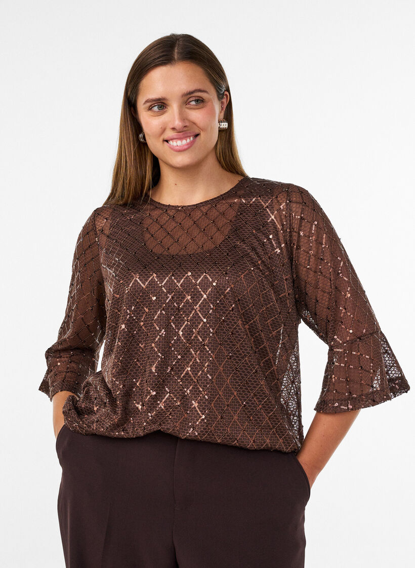 Doorschijnende blouse met pailletten en een ruitpatroon, Bruin, Model image number 0