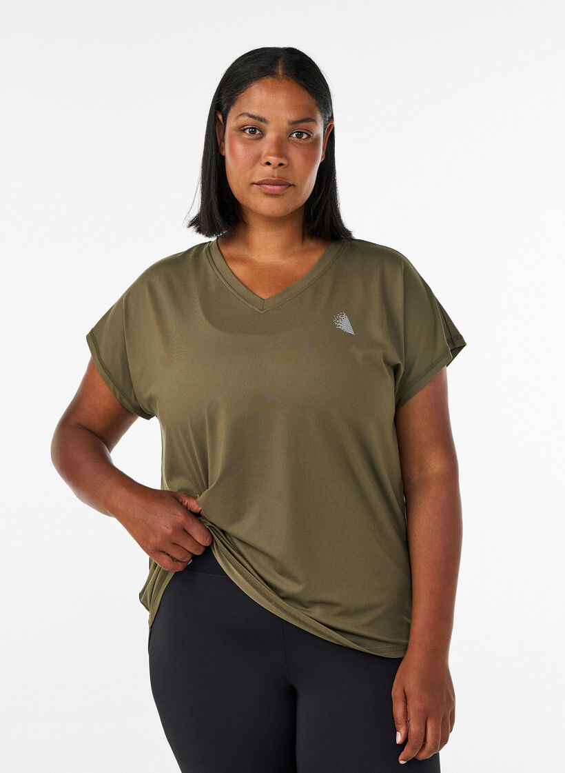 T-shirt de sport &agrave; manches courtes avec col en V, Vert, Model image number 0