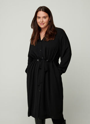 Lange jas met knopen en riem, Black, Model image number 0