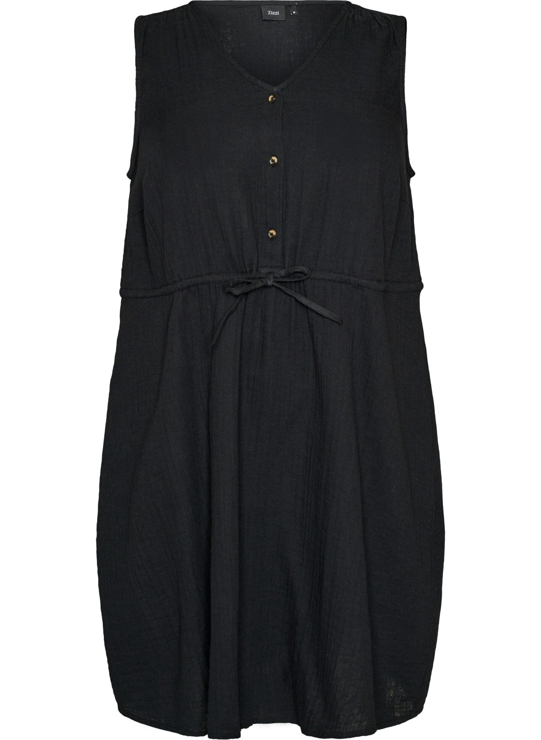 ZizziMouwloze katoenen mousseline jurk met strikkoord, Zwart, Packshot image number 0