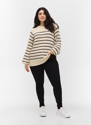 Pull en tricot rayé à manches bouffantes, Birch W/Navy stripes, Model image number 2
