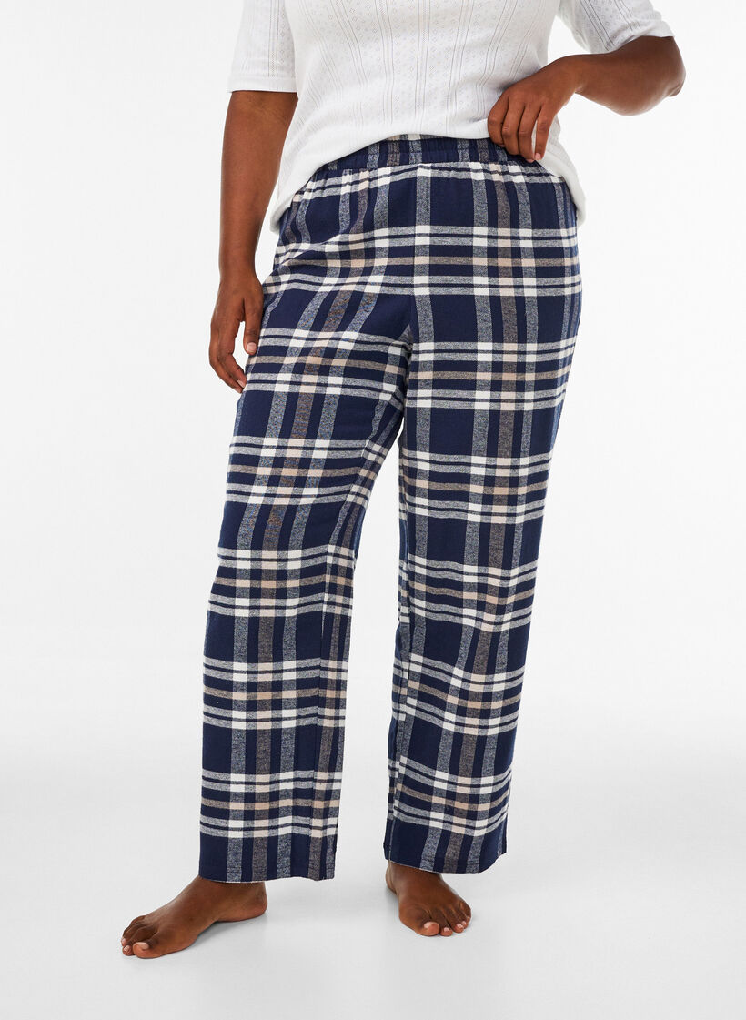 Geruite katoenen pyjamabroek, Blauw, Model image number 0