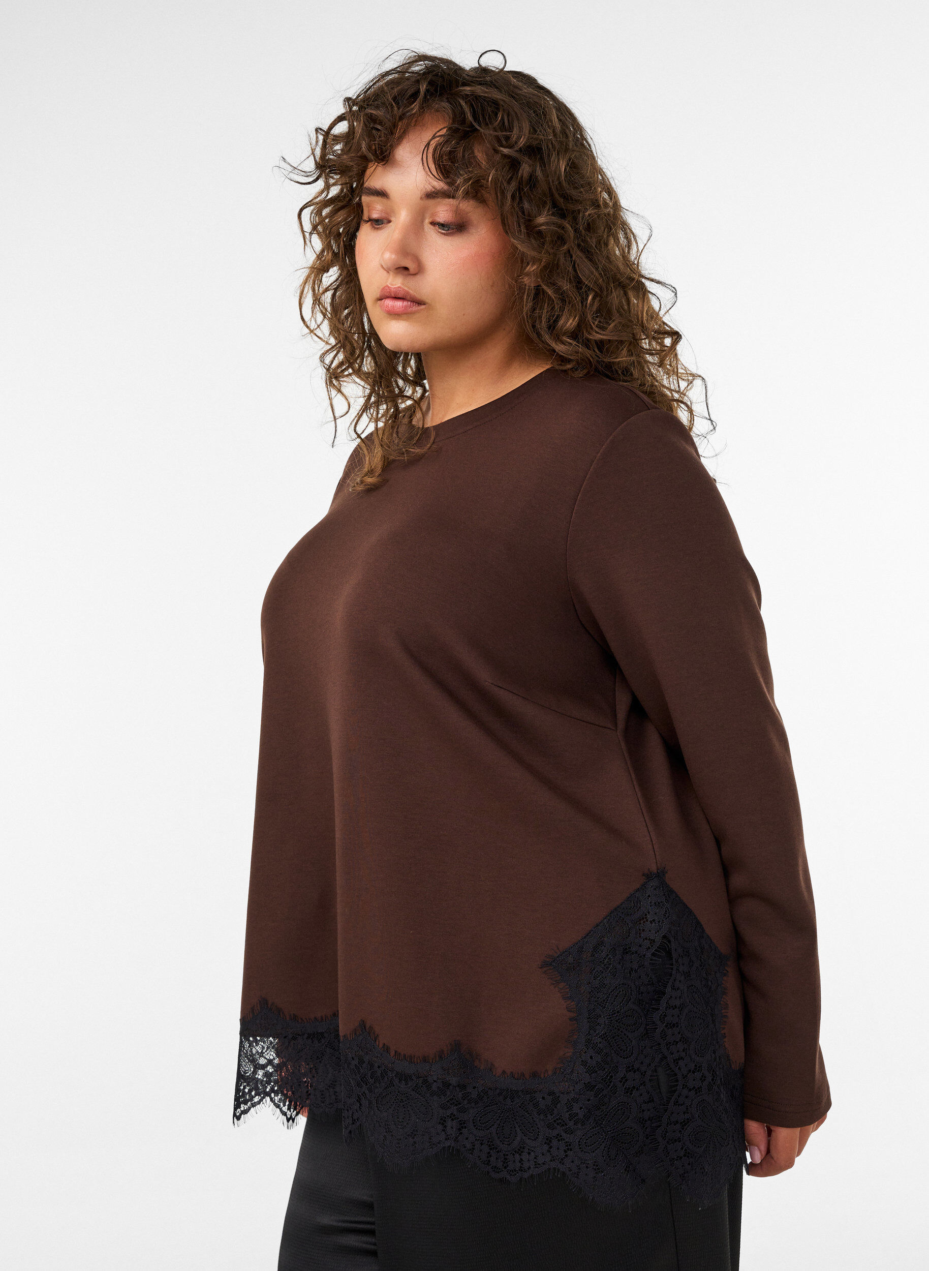 ZizziJersey blouse met kanten rand, Bruin, Model image number 3