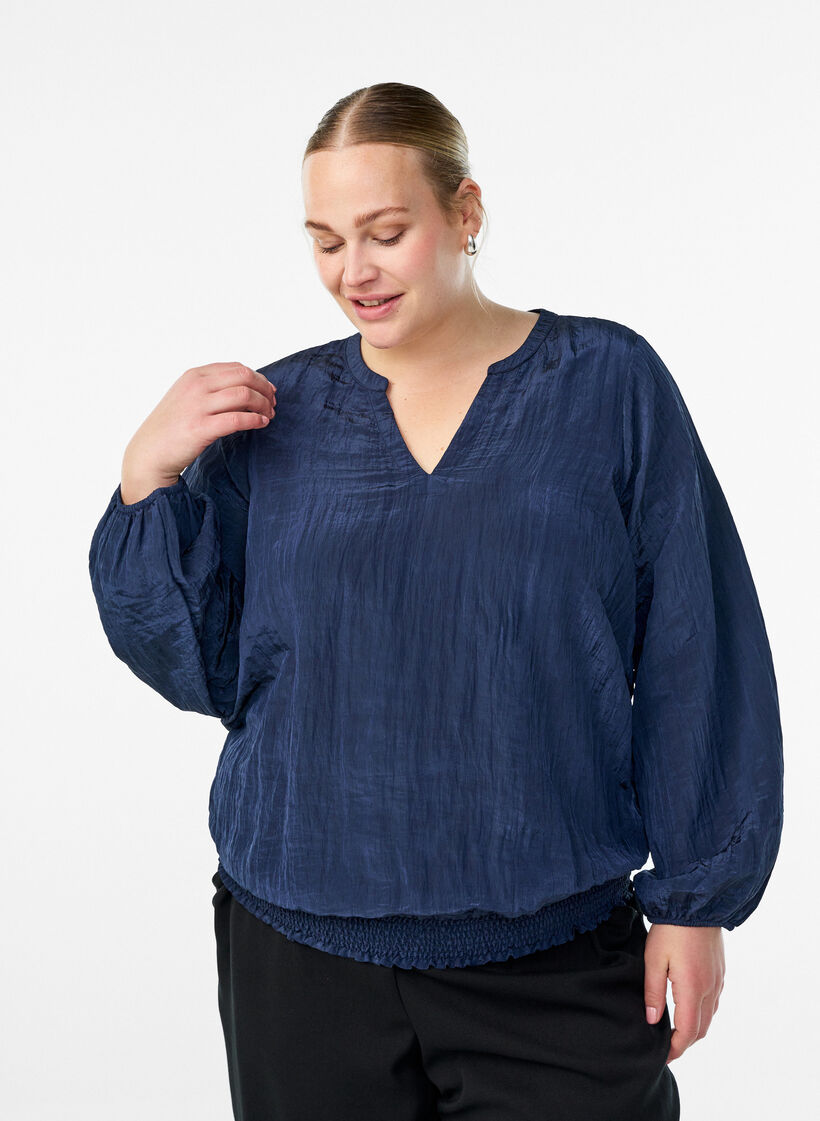 Blouse met V-hals en gekreukte textuur, Blauw, Model image number 0