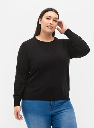 Pull en tricot de couleur unie avec nervures, Black, Model image number 0