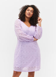 Kanten jurk met v-snit en lange mouwen, Pastel Lilac, Model